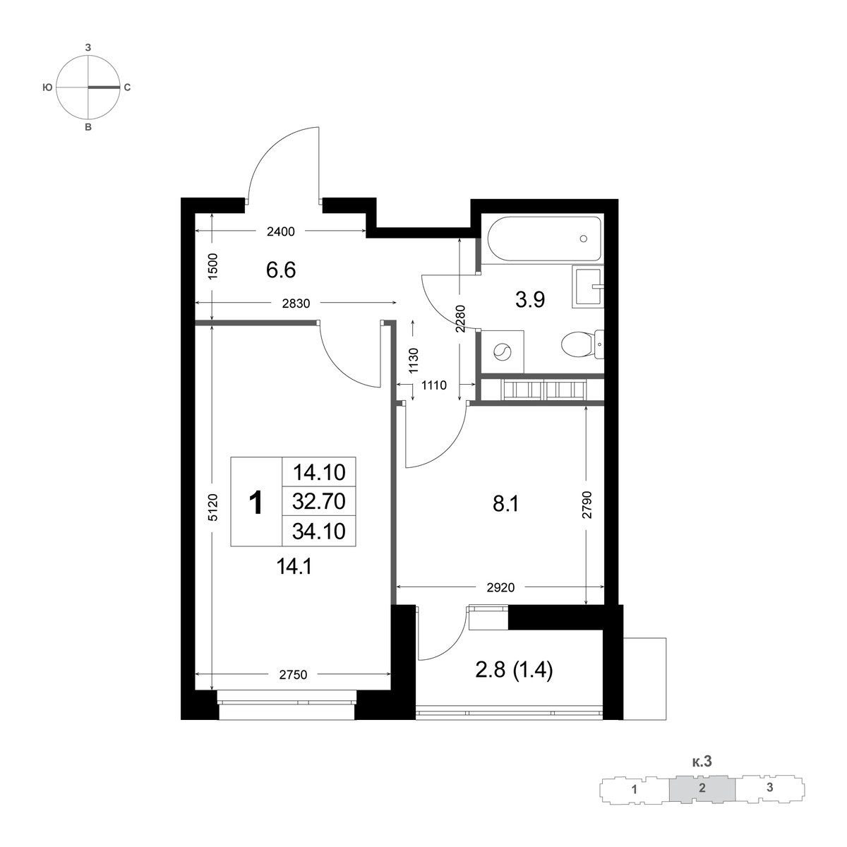 Планировка 34.2 м²