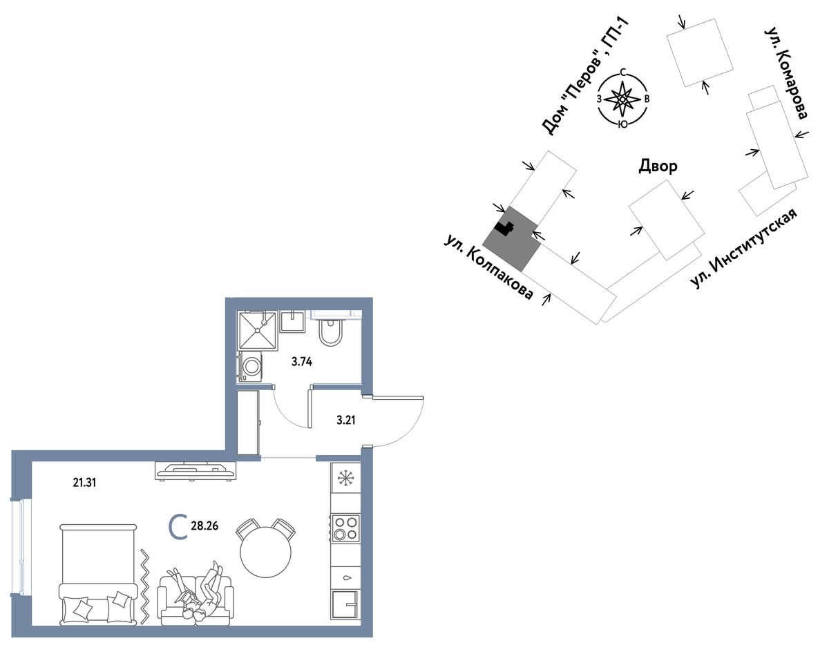 Планировка: 1-комнатная, 28.26 м²
