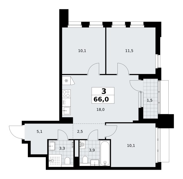Планировка: 3-комнатная, 66.0 м²