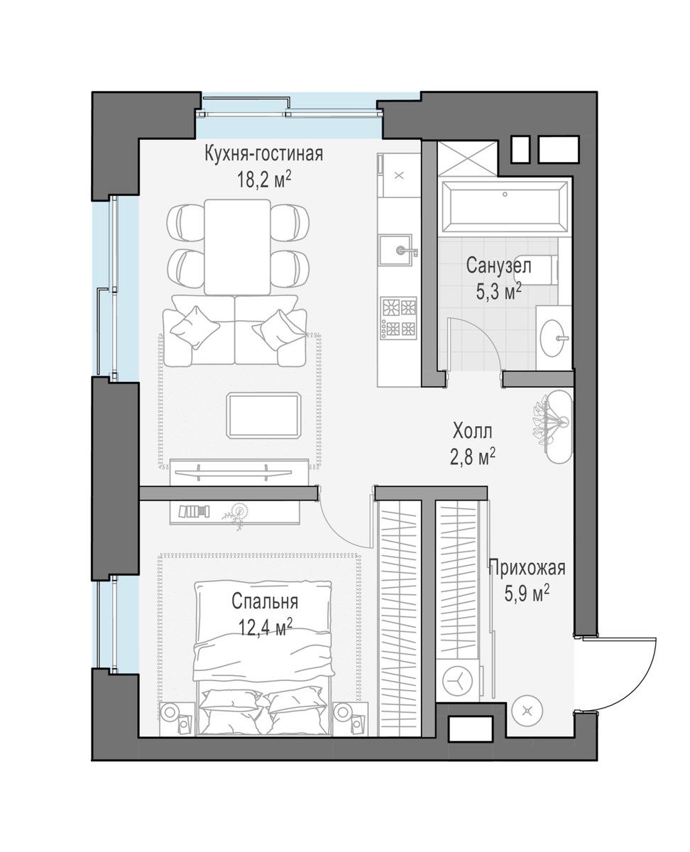 Планировка: 1-комнатная, 47.6 м²