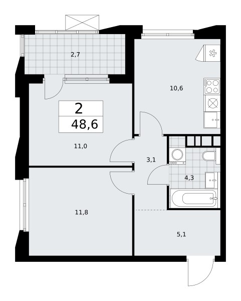 Планировка: 2-комнатная, 48.6 м²