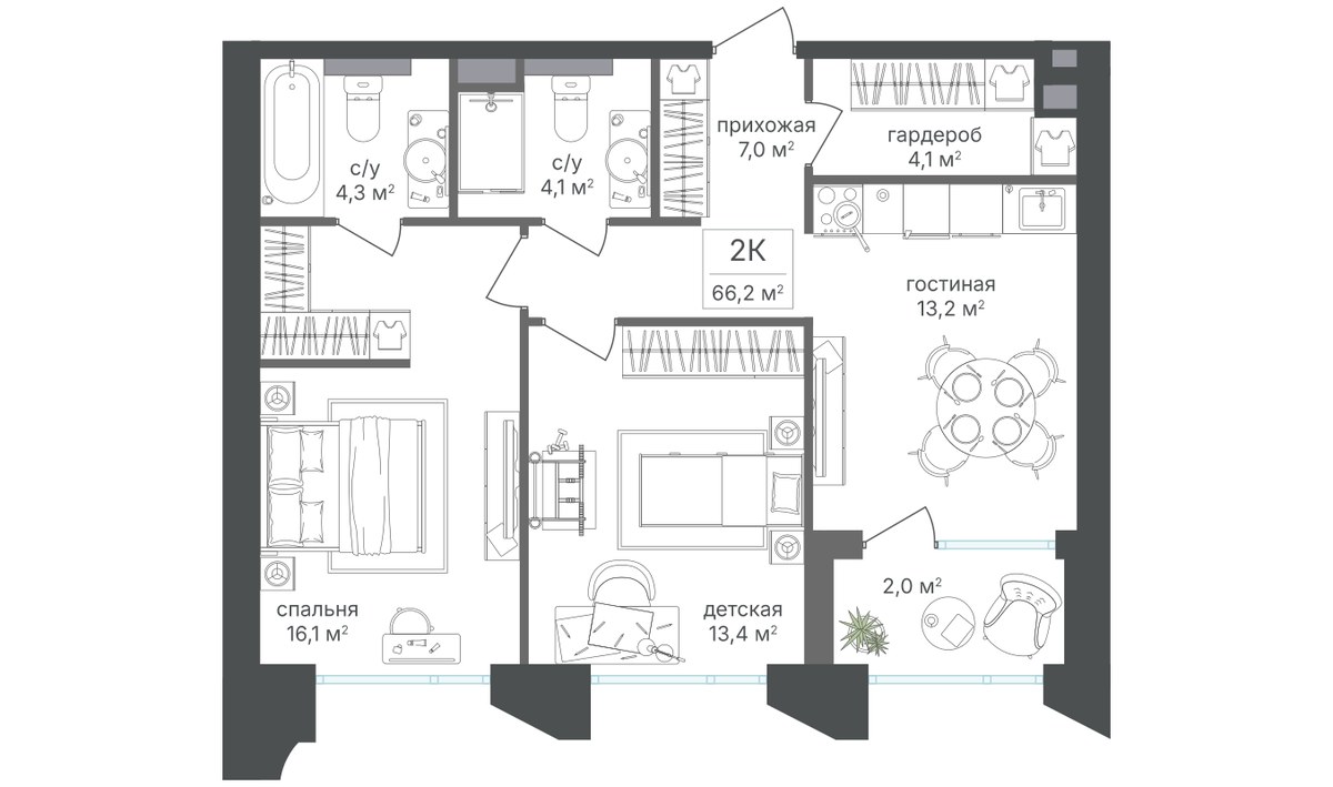 Планировка 64.2 м²