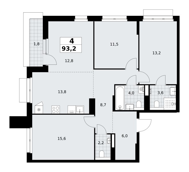 Планировка: 4-комнатная, 93.2 м²