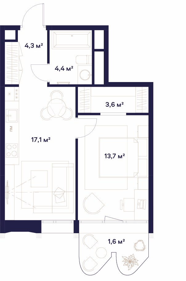 Планировка: 1-комнатная, 44.7 м²