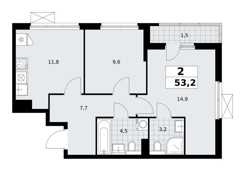 Планировка: 2-комнатная, 53.3 м²