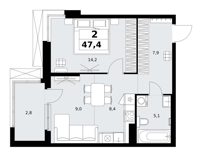Планировка: 2-комнатная, 47.4 м²