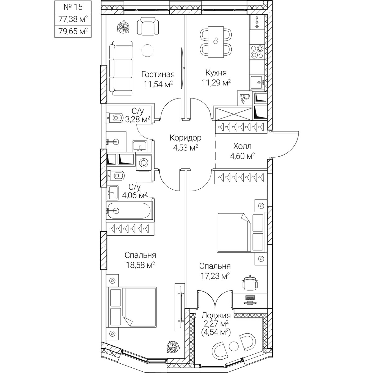 Планировка 77.38 м²