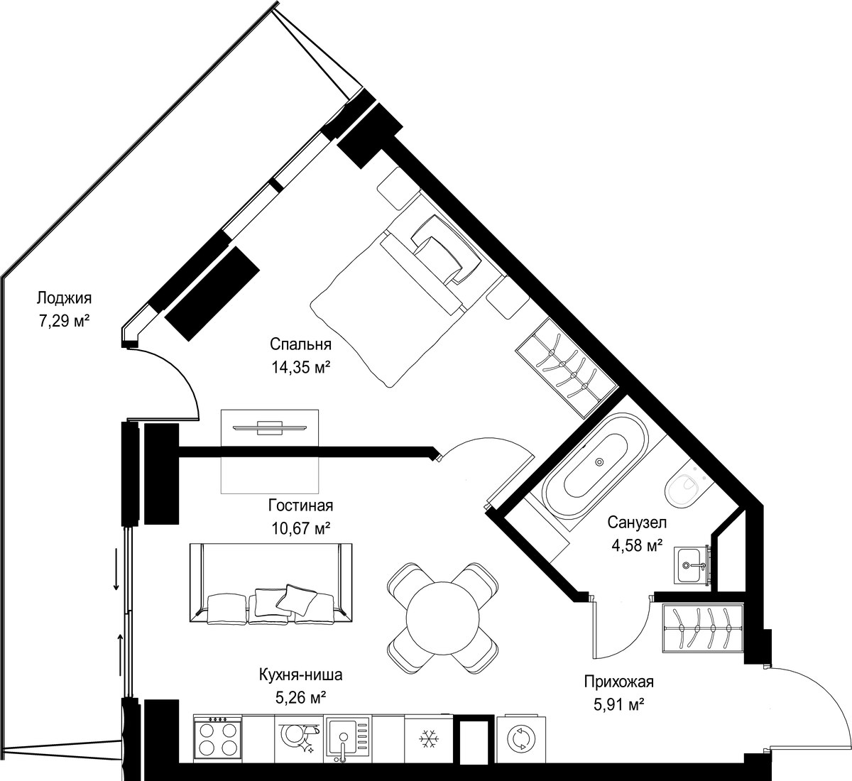 Планировка: 1-комнатная, 48.06 м²