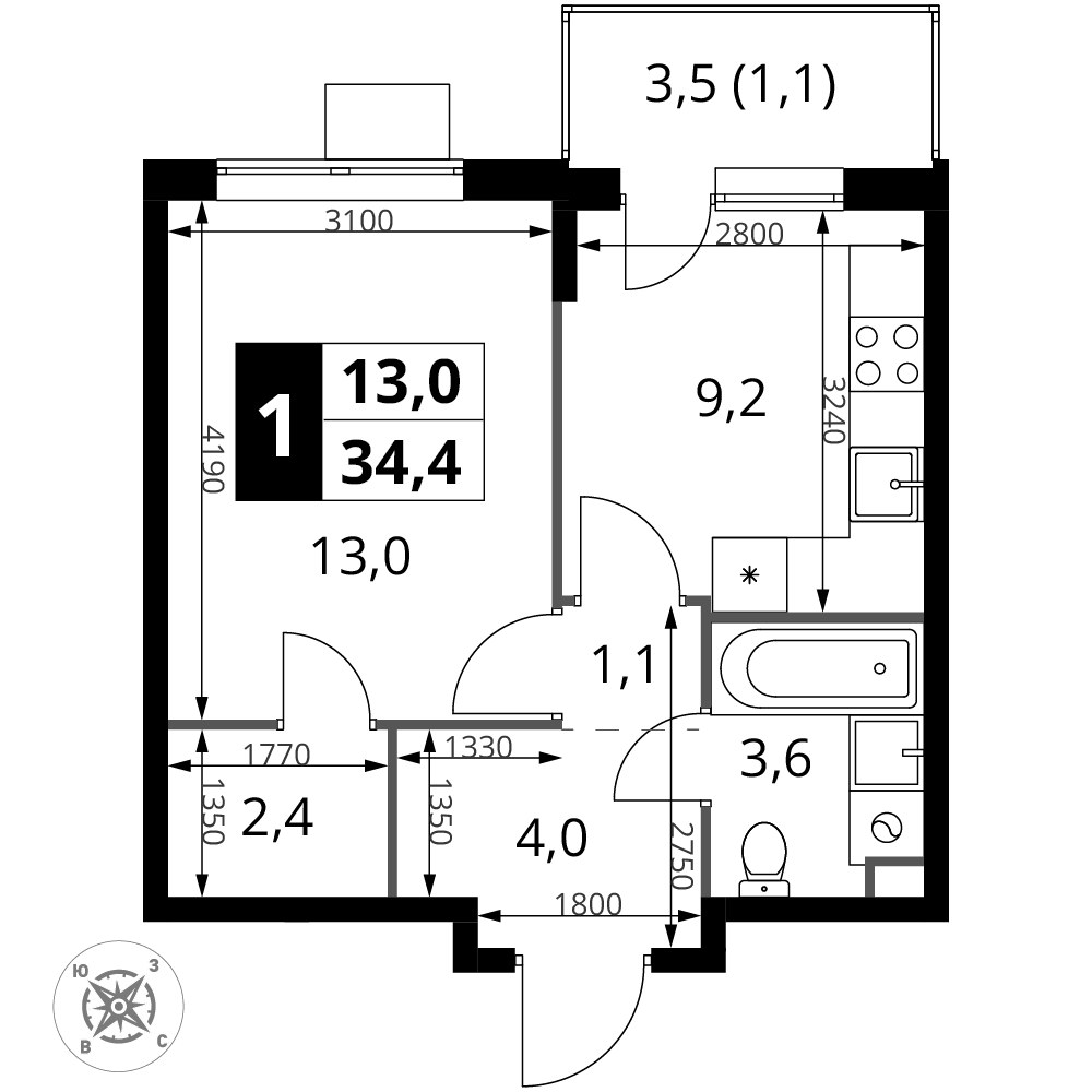 Планировка 34.4 м²
