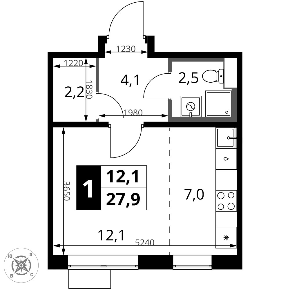 Планировка: Студия, 27.9 м²