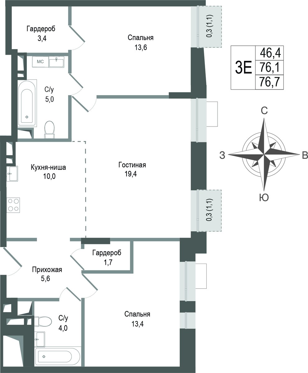 Планировка 76.1 м²