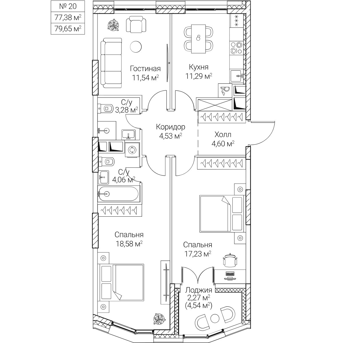 Планировка 77.38 м²