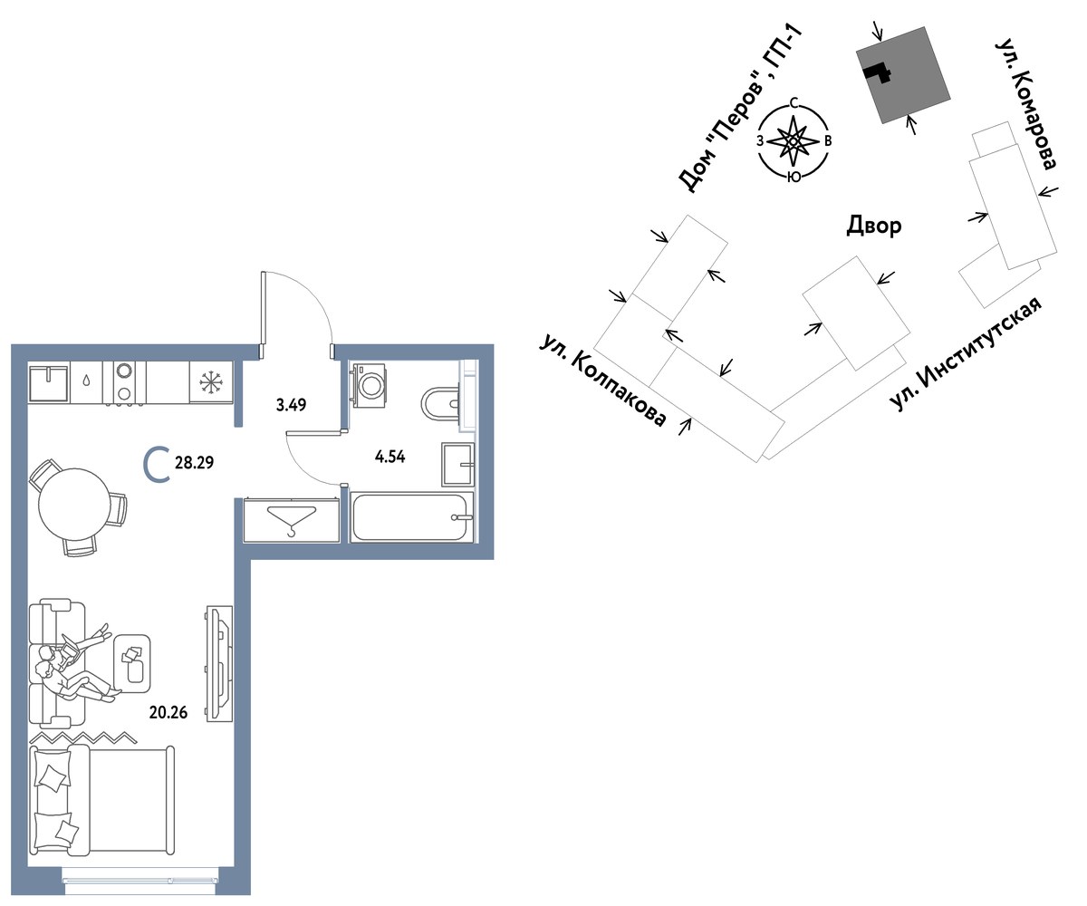 Планировка: 1-комнатная, 28.29 м²