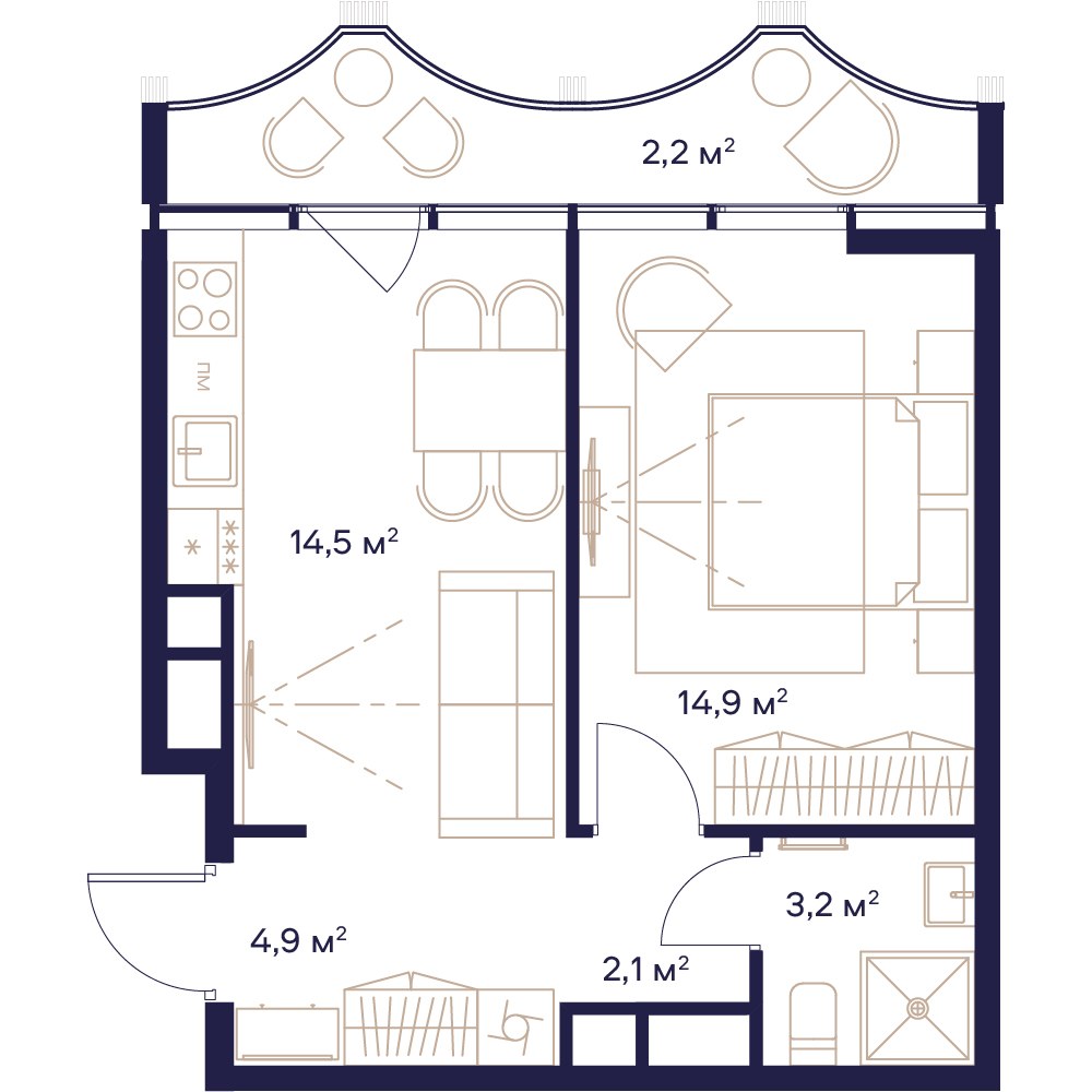 Планировка: 1-комнатная, 41.8 м²