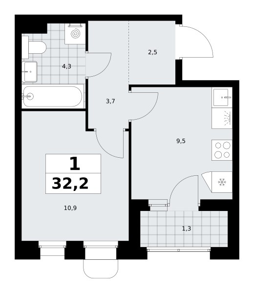 Планировка: 1-комнатная, 32.2 м²