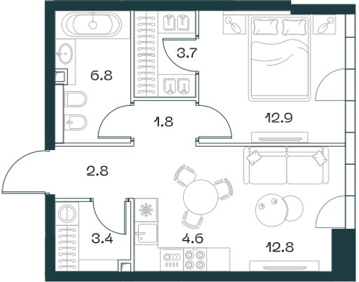Планировка: 2-комнатная, 48.7 м²