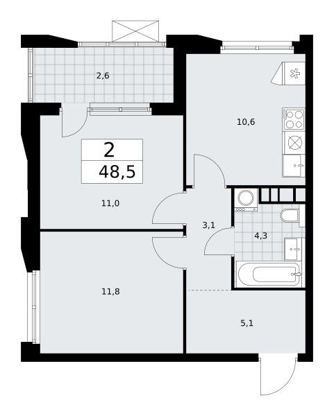 Планировка: 2-комнатная, 48.5 м²