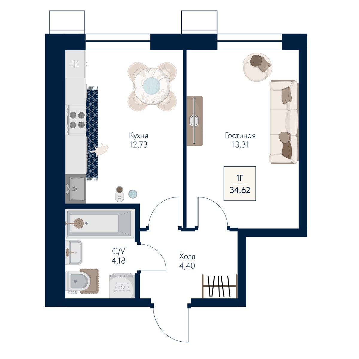 Планировка 34.62 м²