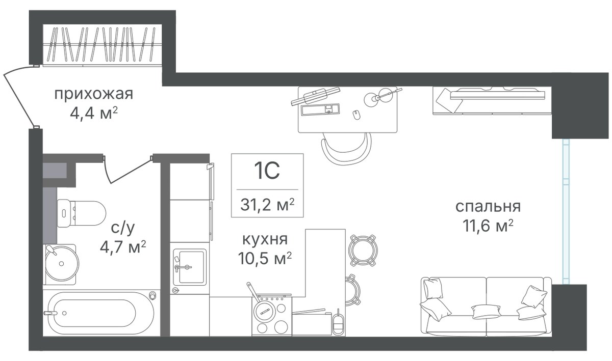 Планировка: Студия, 31.1 м²