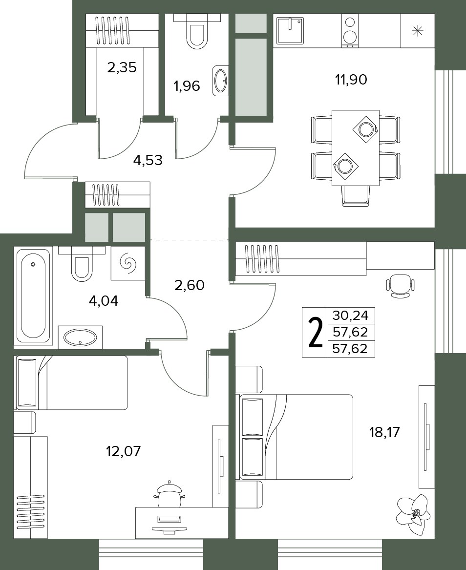 Планировка 57.62 м²