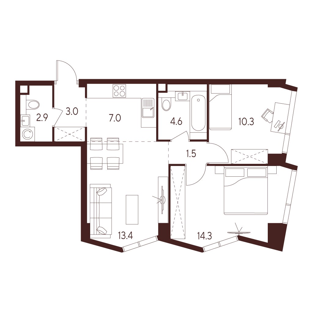Планировка 57.0 м²