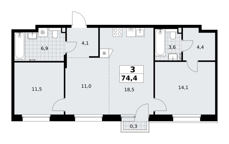 Планировка 74.4 м²