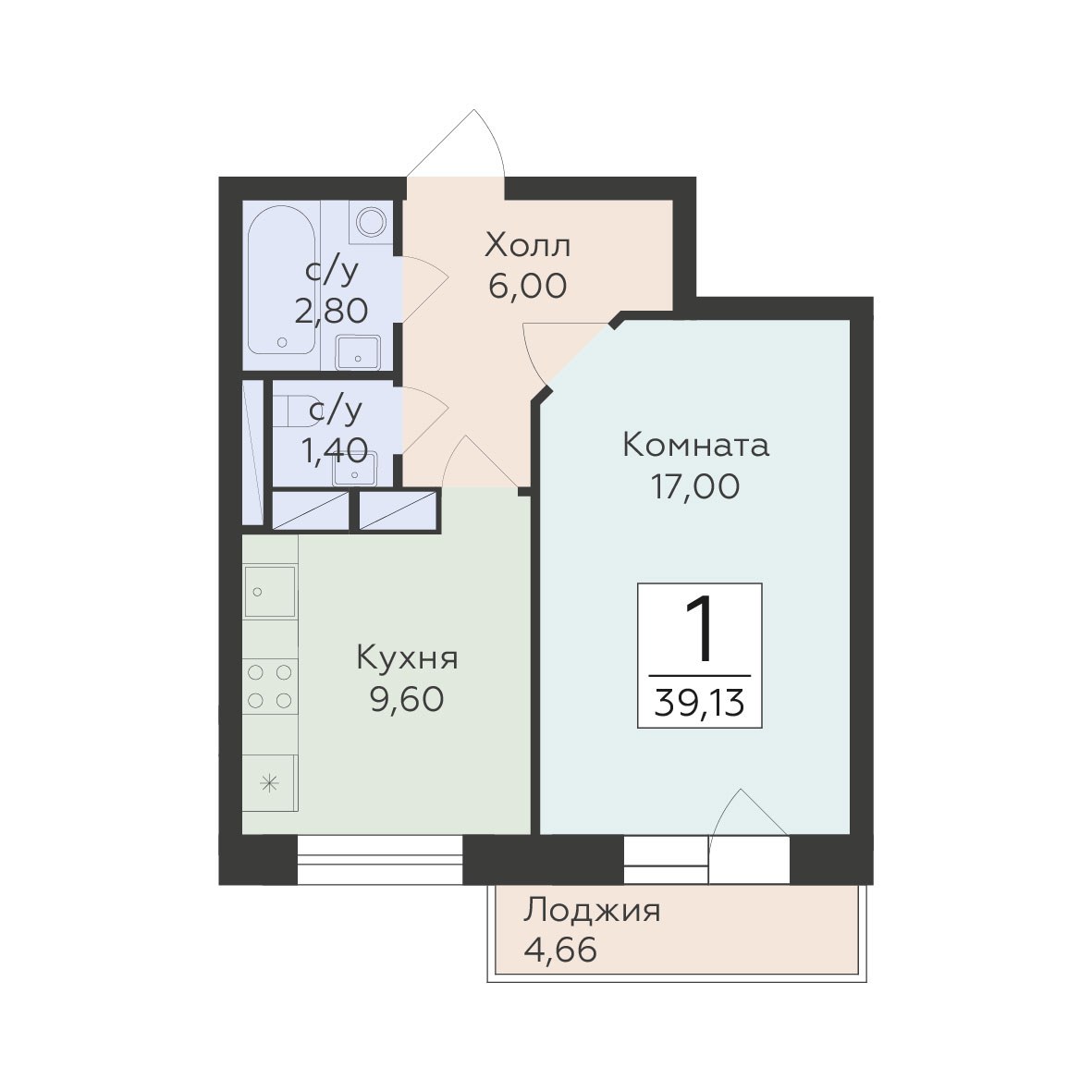 Планировка: 1-комнатная, 39.13 м²