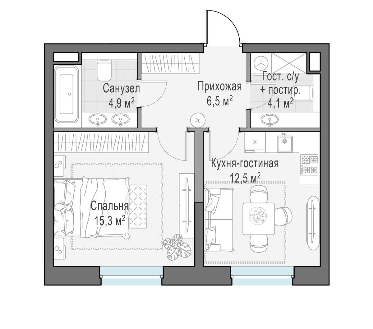 Планировка: 1-комнатная, 43.3 м²