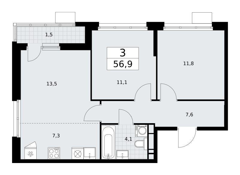 Планировка: 3-комнатная, 56.9 м²