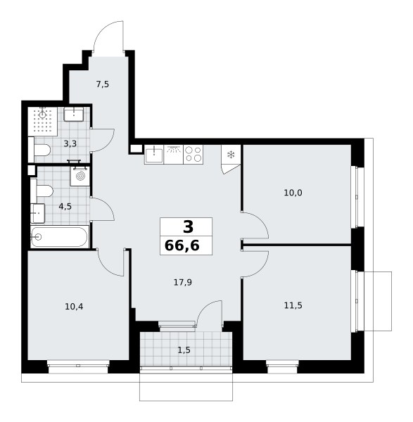 Планировка: 3-комнатная, 66.6 м²