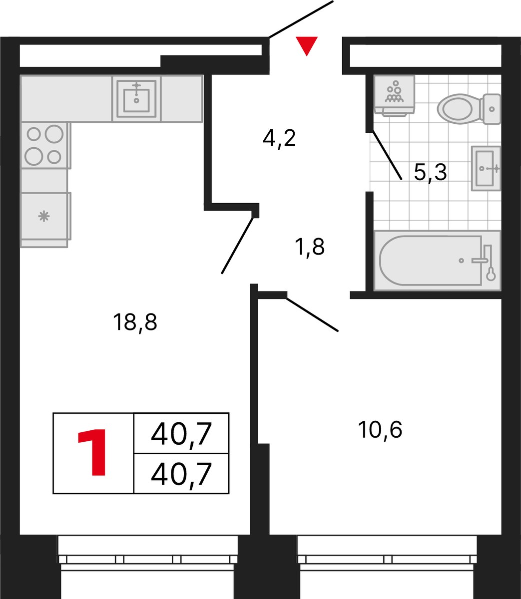 Планировка: 1-комнатная, 40.7 м²