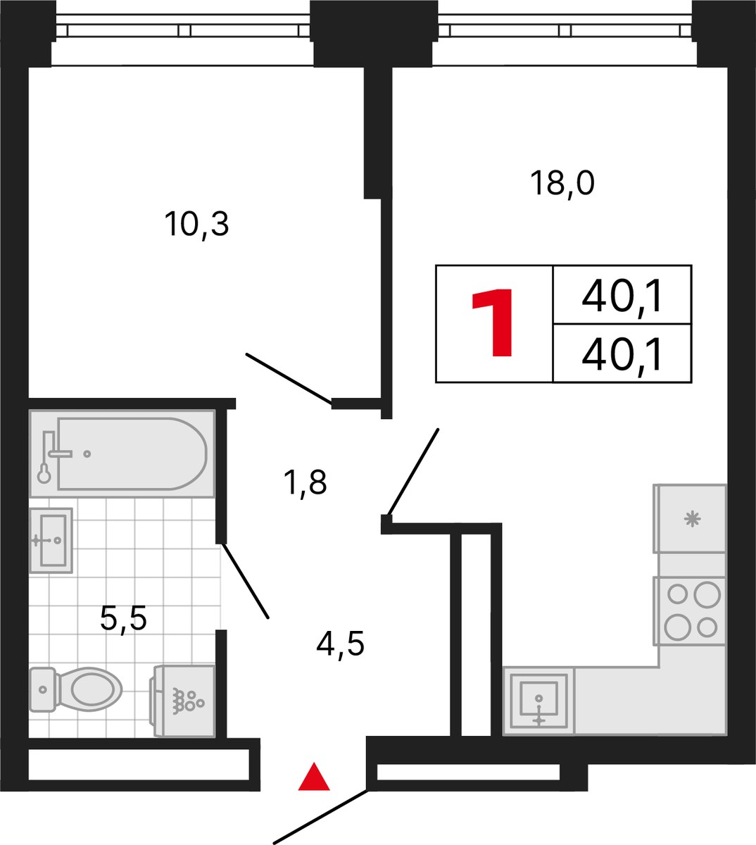 Планировка: 1-комнатная, 40.1 м²