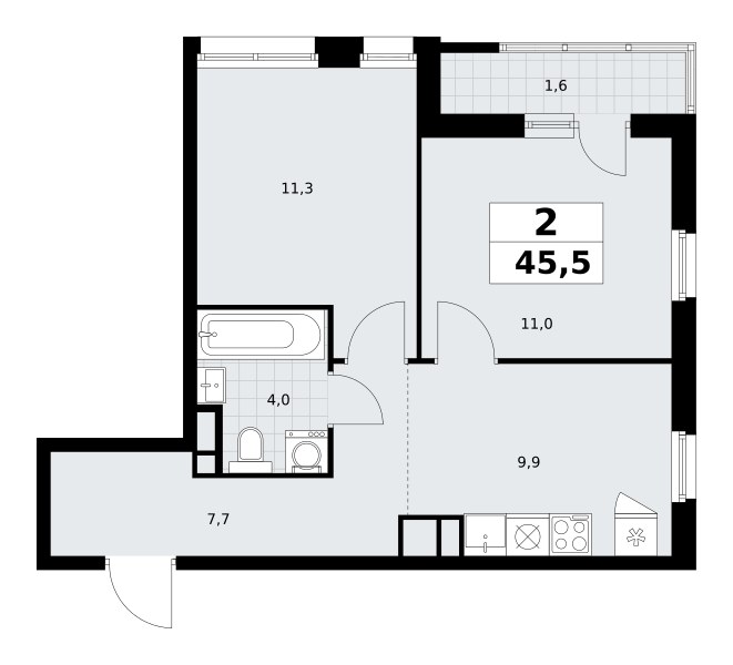Планировка: 2-комнатная, 45.5 м²