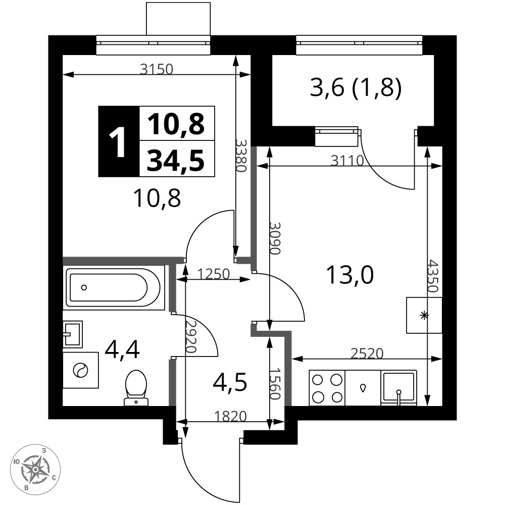 Планировка 34.5 м²