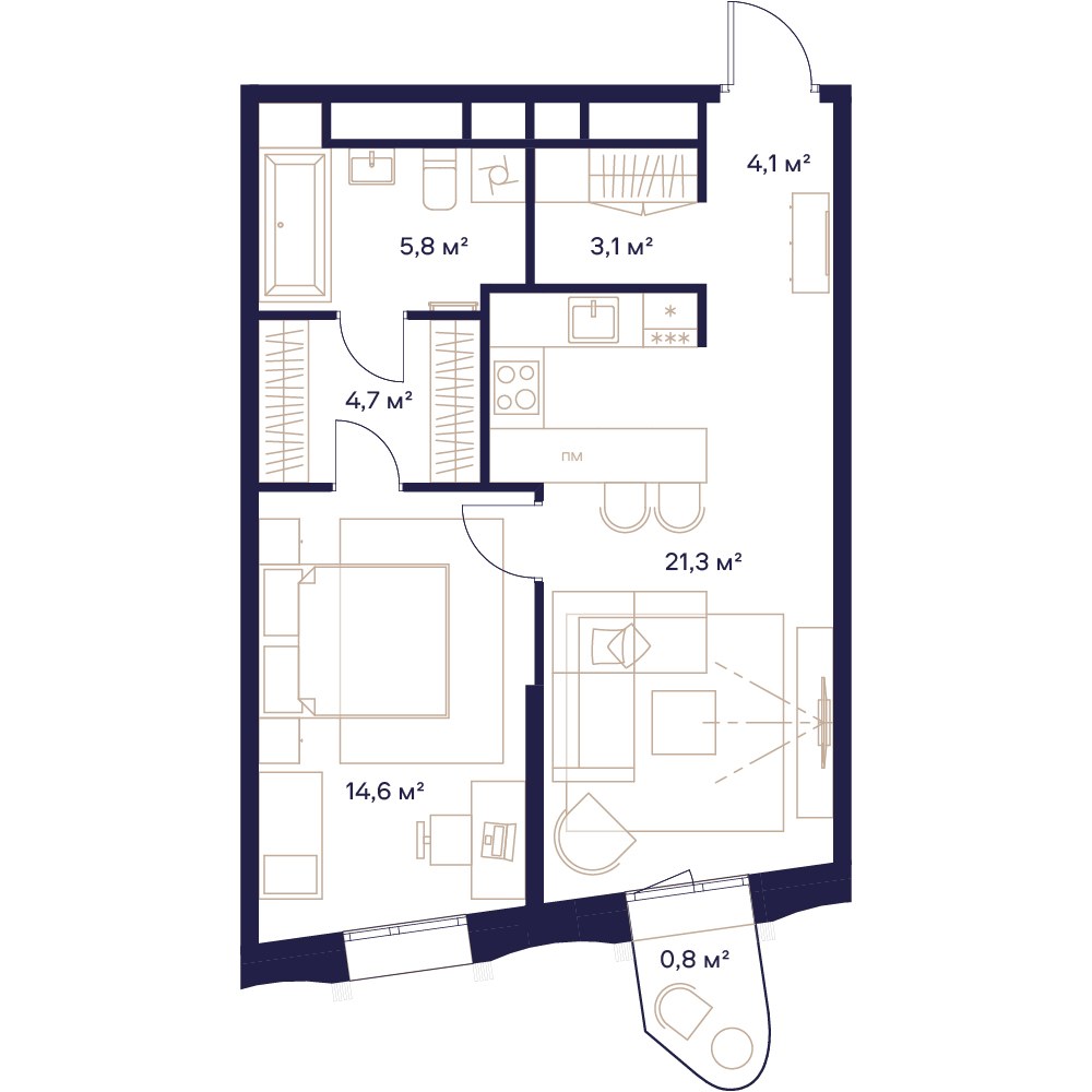 Планировка: 1-комнатная, 54.1 м²