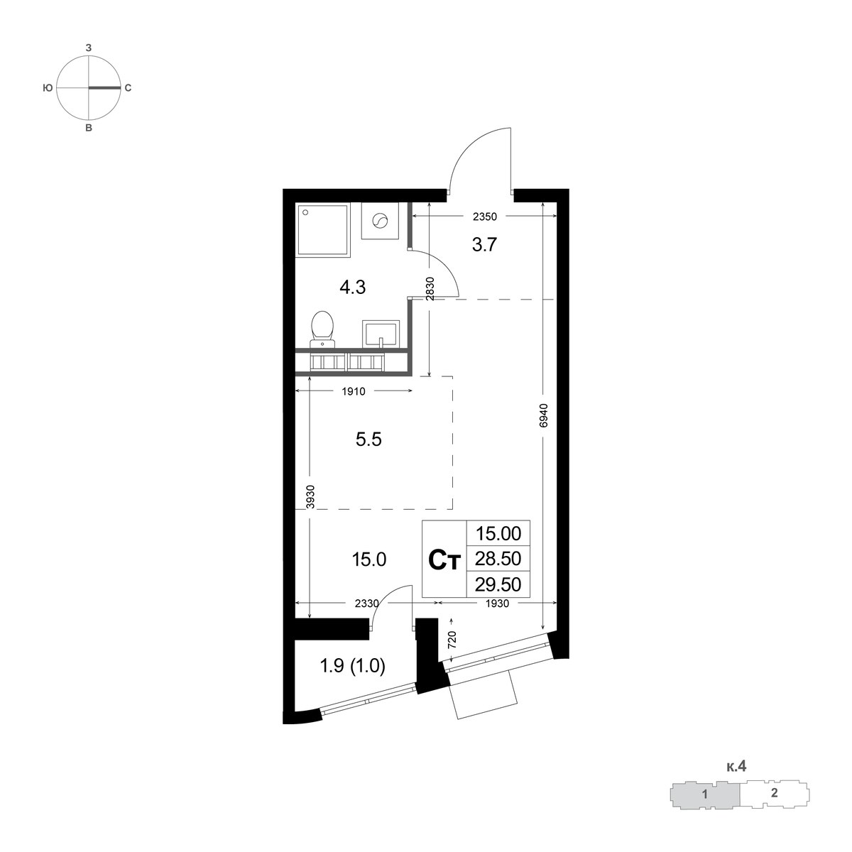 Планировка: Студия, 29.5 м²