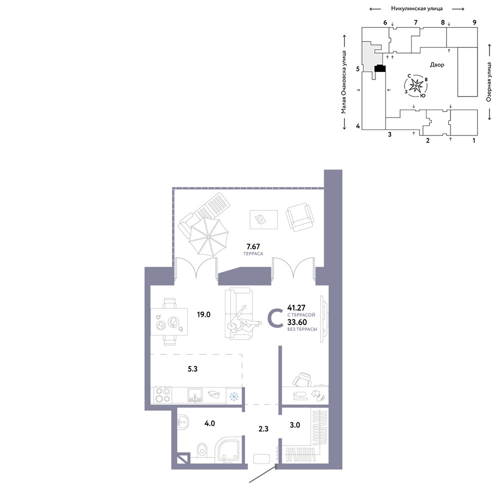 Планировка: 1-комнатная, 41.27 м²