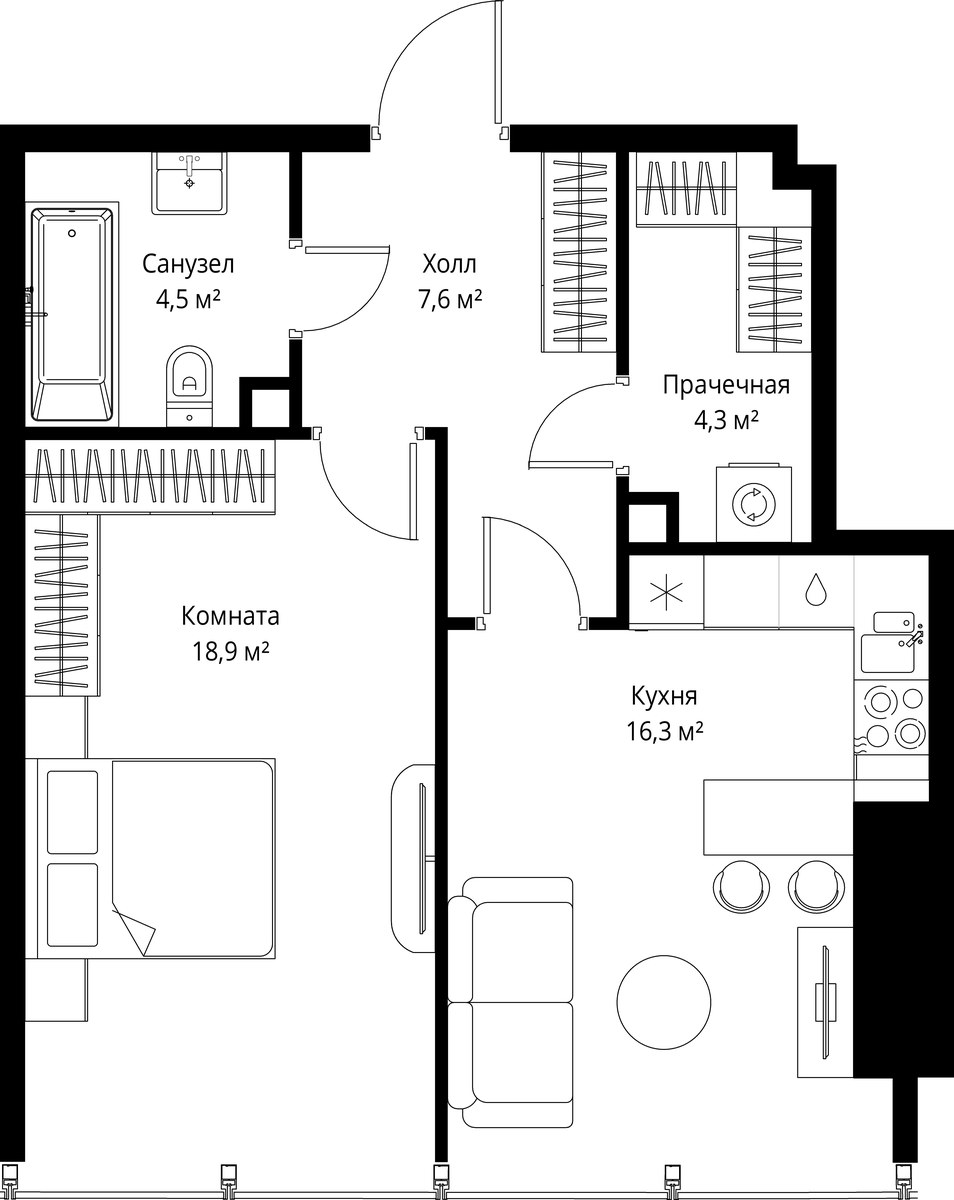 Планировка: 1-комнатная, 51.6 м²
