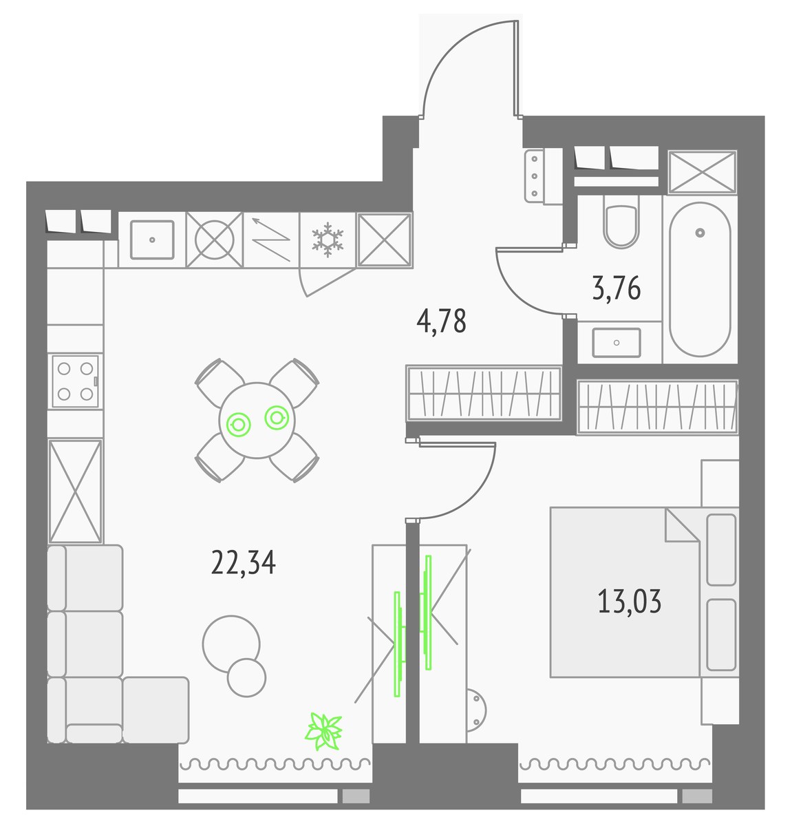 Планировка 44.73 м²
