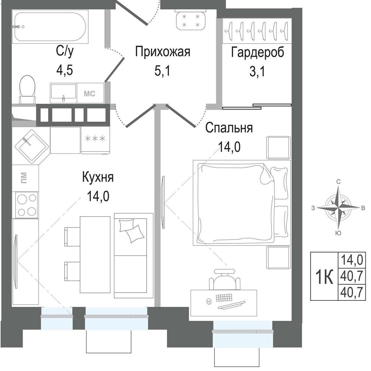 Планировка 40.7 м²