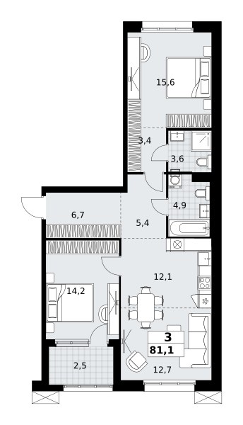 Планировка: 3-комнатная, 81.1 м²