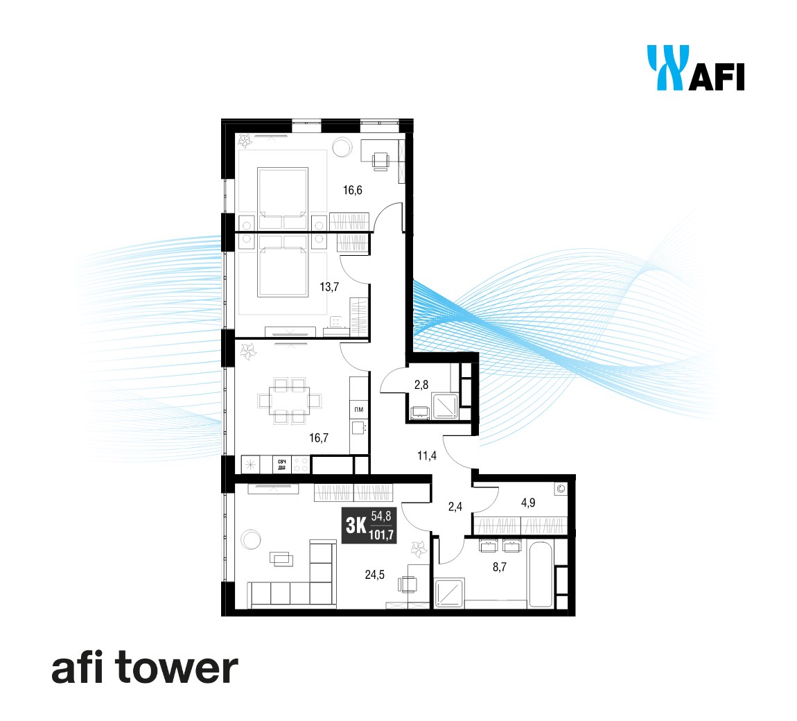 Планировка: 3-комнатная, 101.8 м²