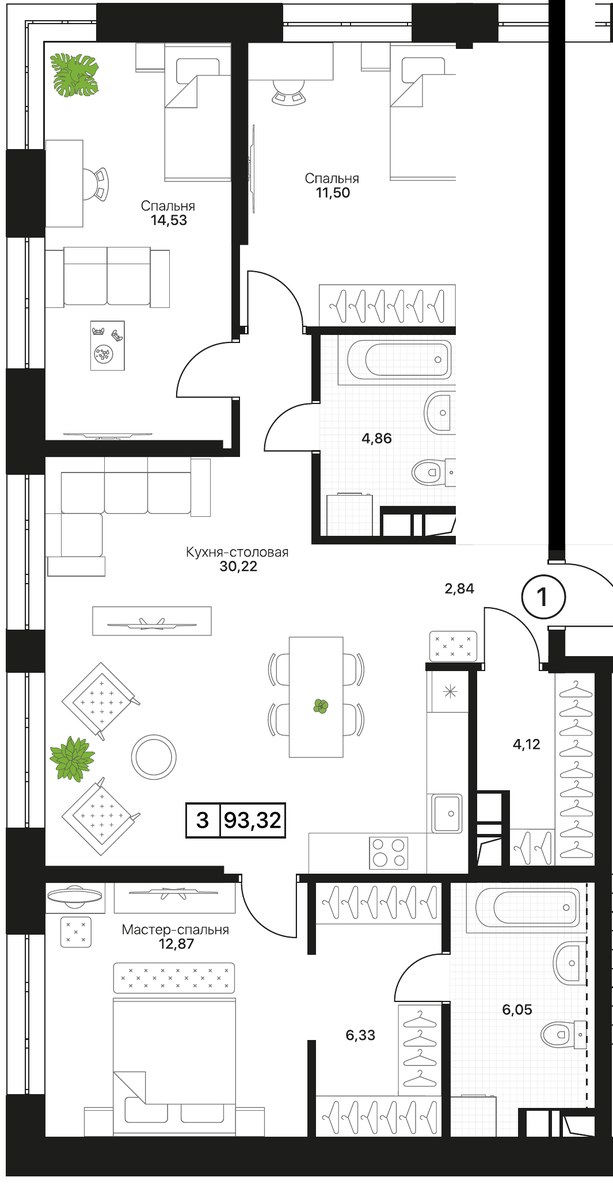 Планировка 93.32 м²