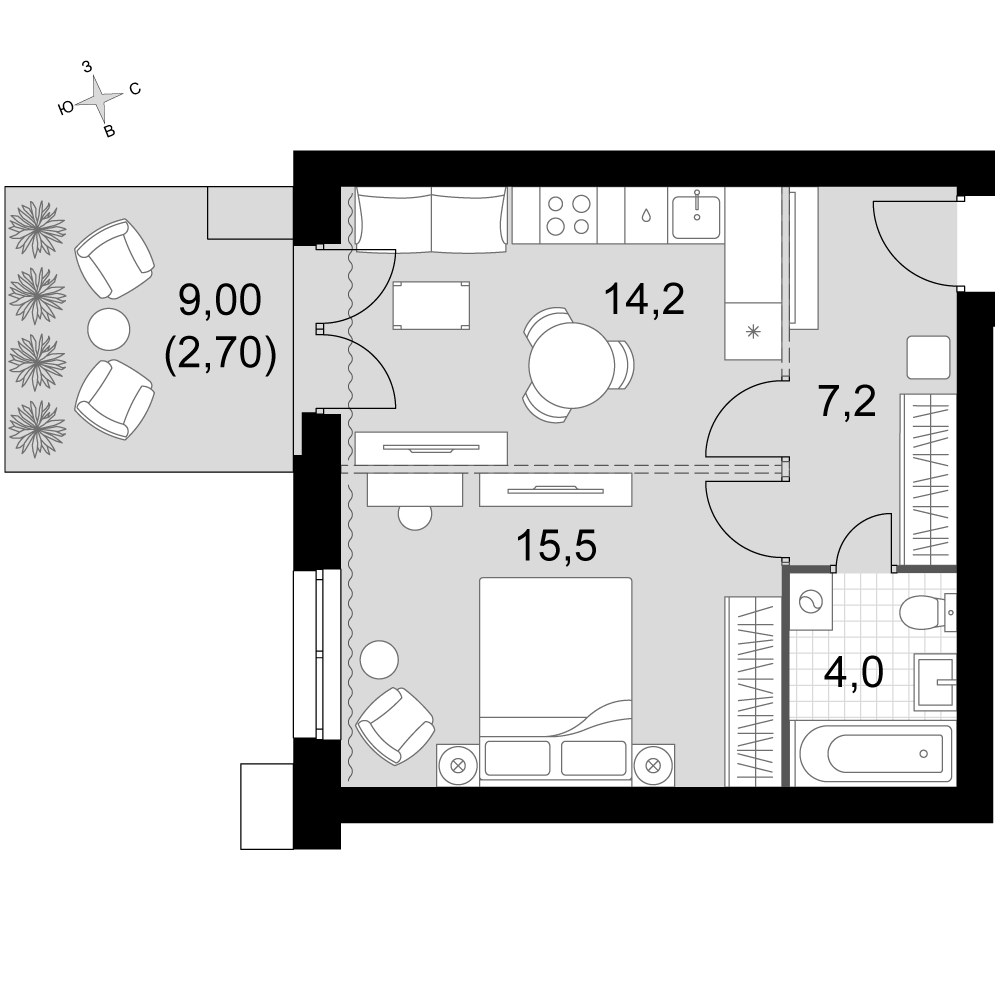 Планировка: 1-комнатная, 43.6 м²