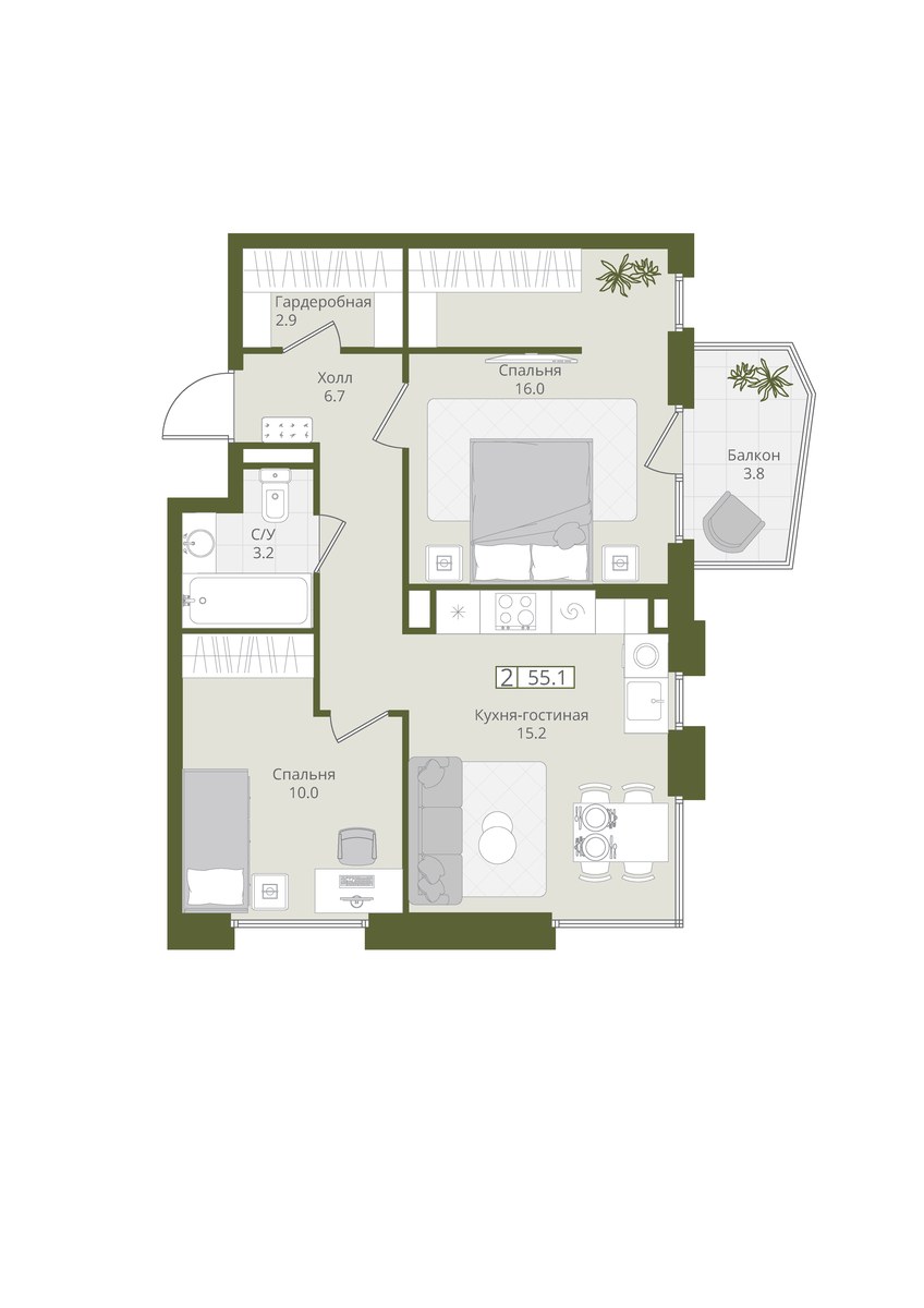 Планировка 55.1 м²