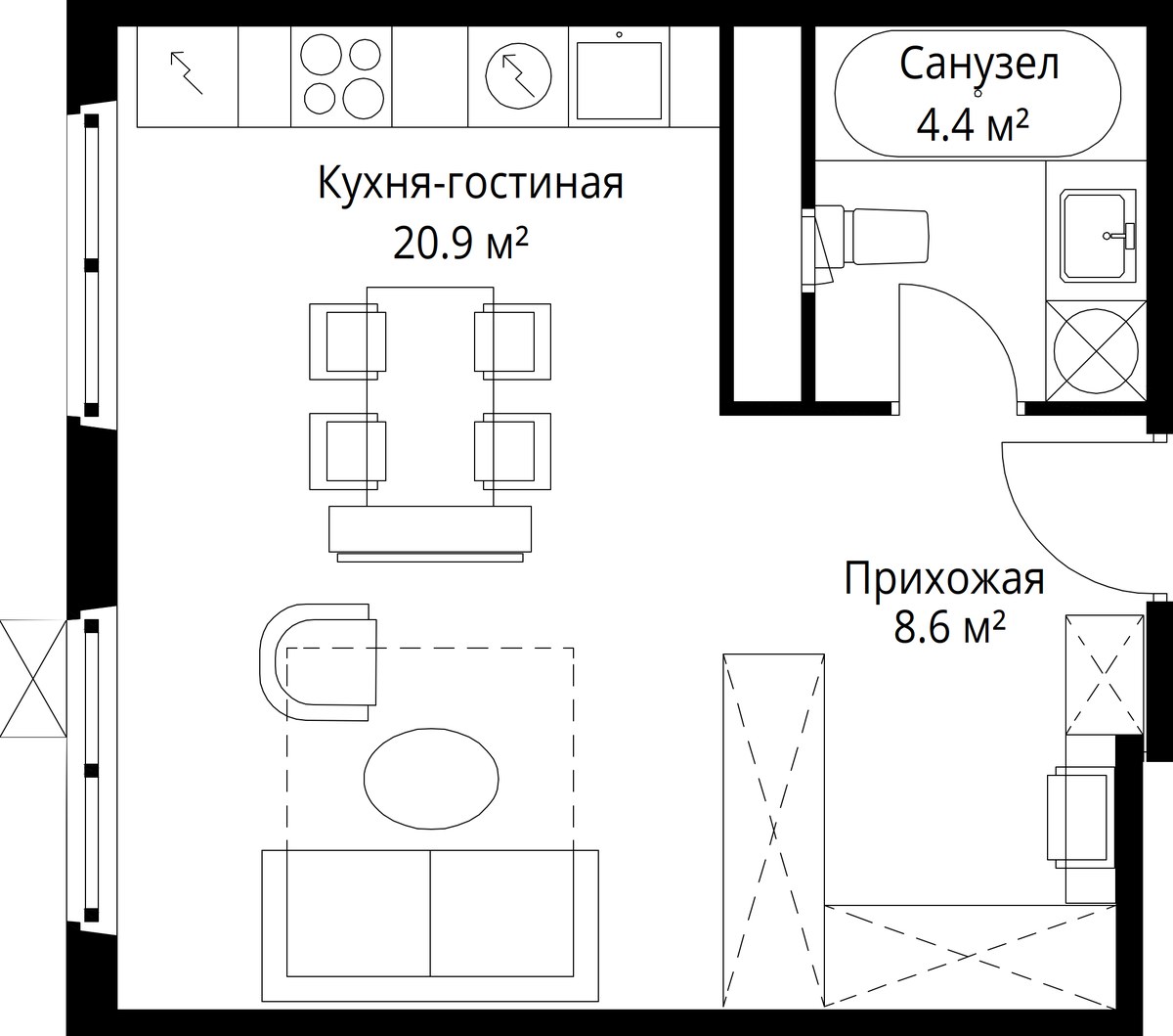 Планировка 33.9 м²