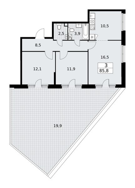 Планировка: 3-комнатная, 85.8 м²