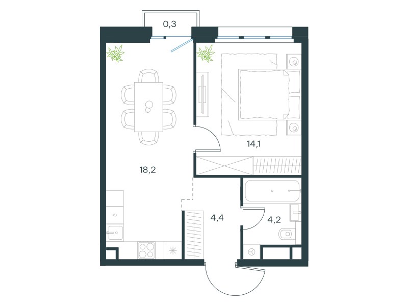 Планировка: 1-комнатная, 41.2 м²