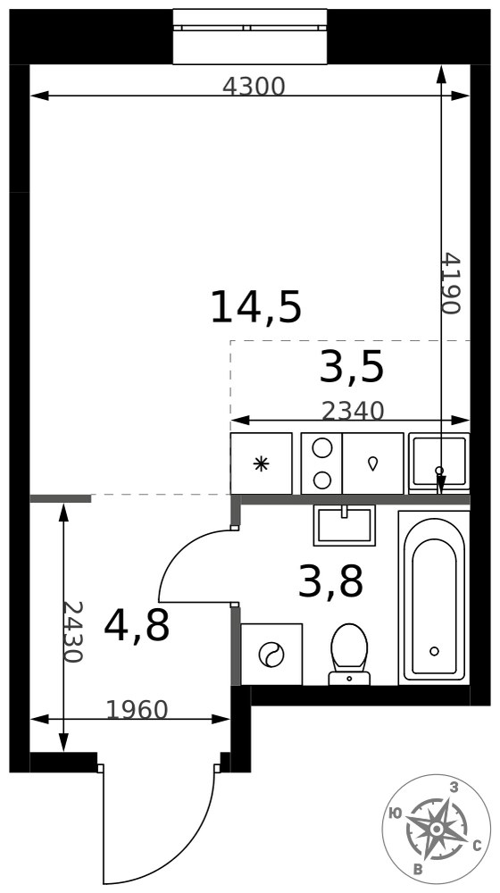 Планировка: Студия, 26.6 м²
