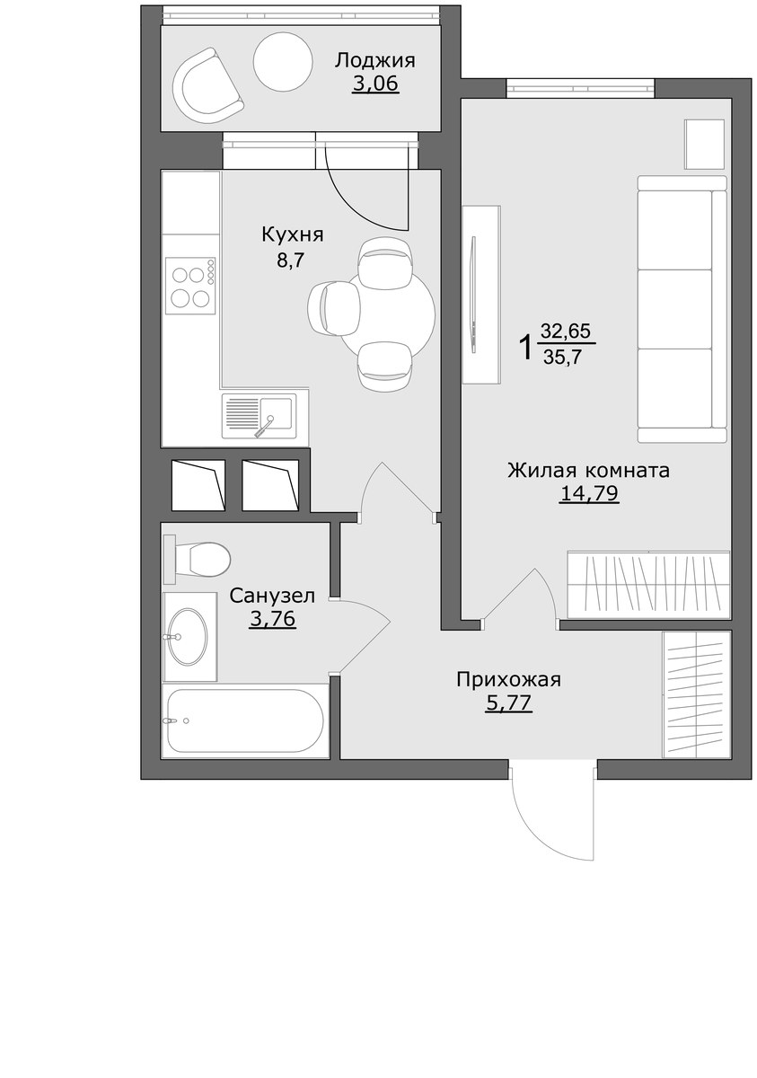 Планировка: 1-комнатная, 35.6 м²